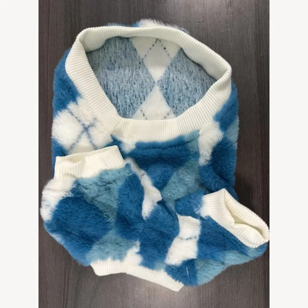 Blue White Argyle Fleece Dog Sweater Size XS Preppy Cozy Winter Small Breed